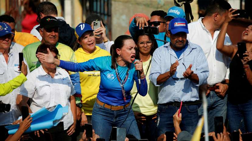 FILE PHOTO: Venezuelan opposition presidential candidate Maria Corina Machado addresses supporters, in Carabobo State