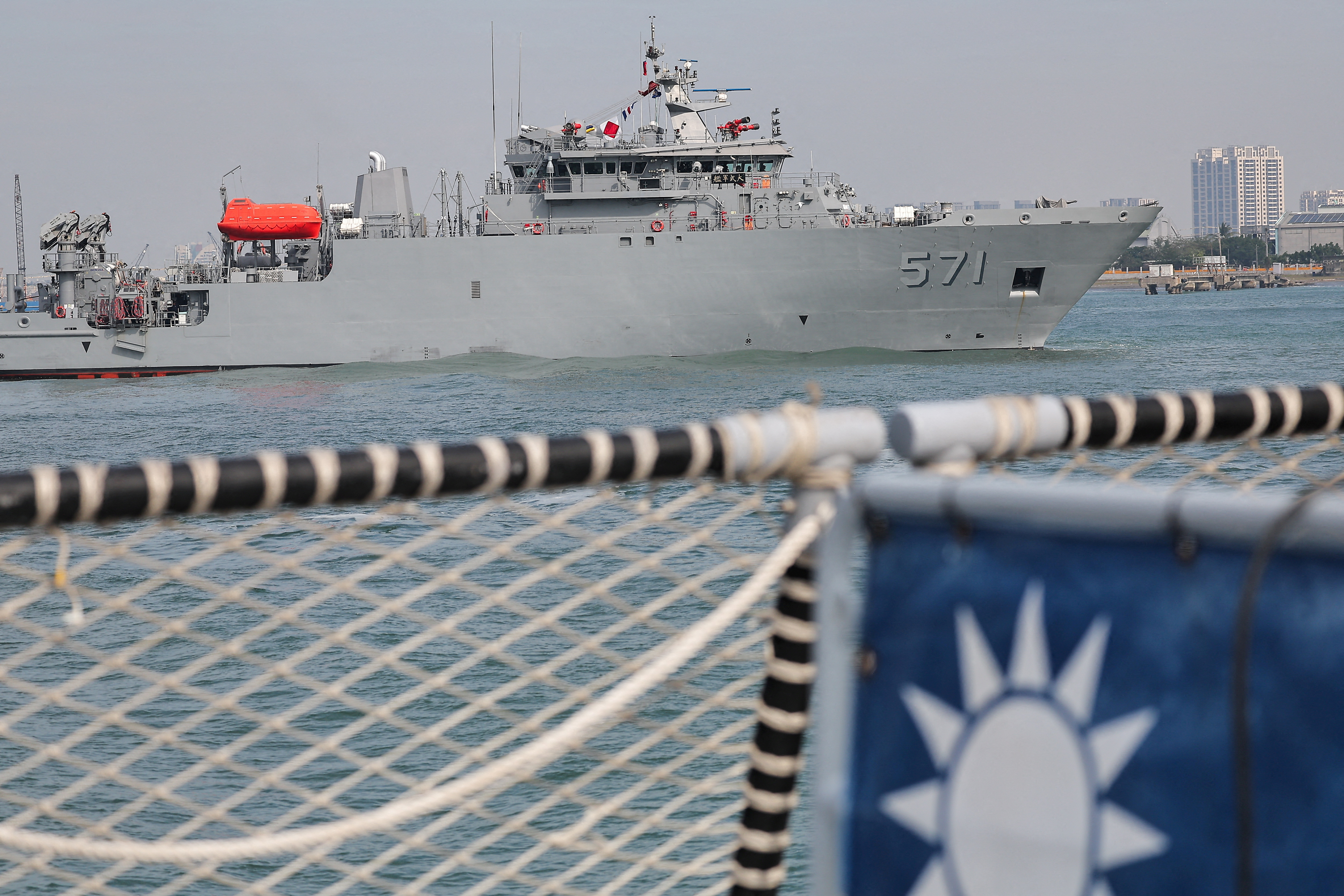 FILE PHOTO: A Da Wu-class rescue and salvage ship sails as the Taiwan military demonstrates combat readiness ahead of the upcoming Lunar New Year