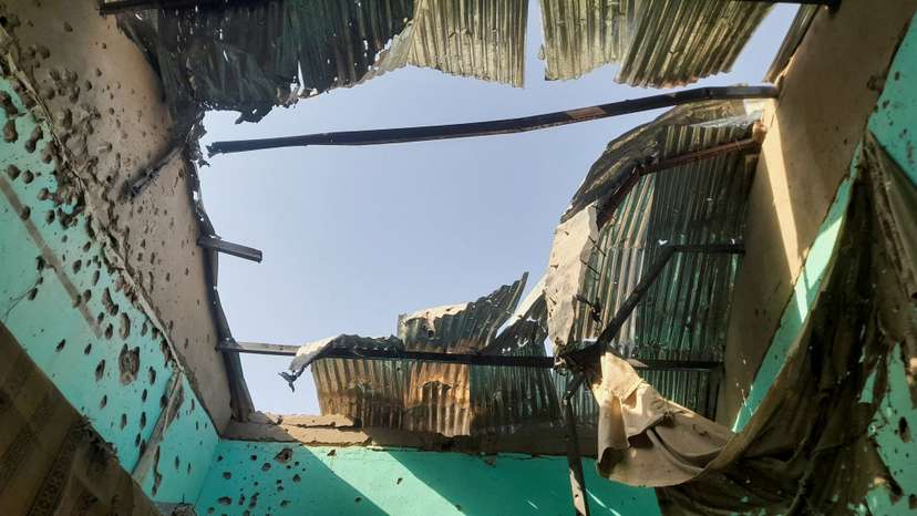 A ceiling damaged by shelling shrapnel at a displaced persons center in El Fasher