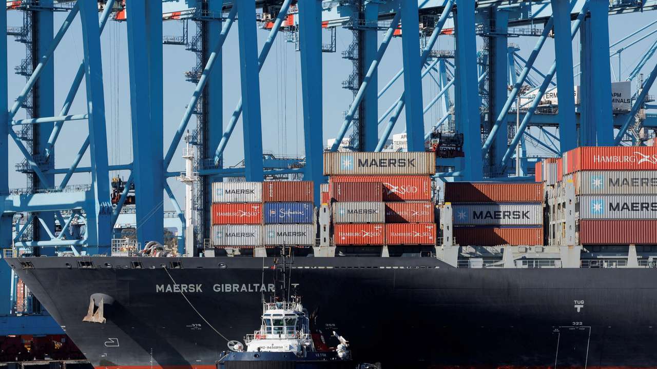 FILE PHOTO: Containers are seen on the Maersk's container ship Maersk Gibraltar at the APM Terminals in the port of Algeciras