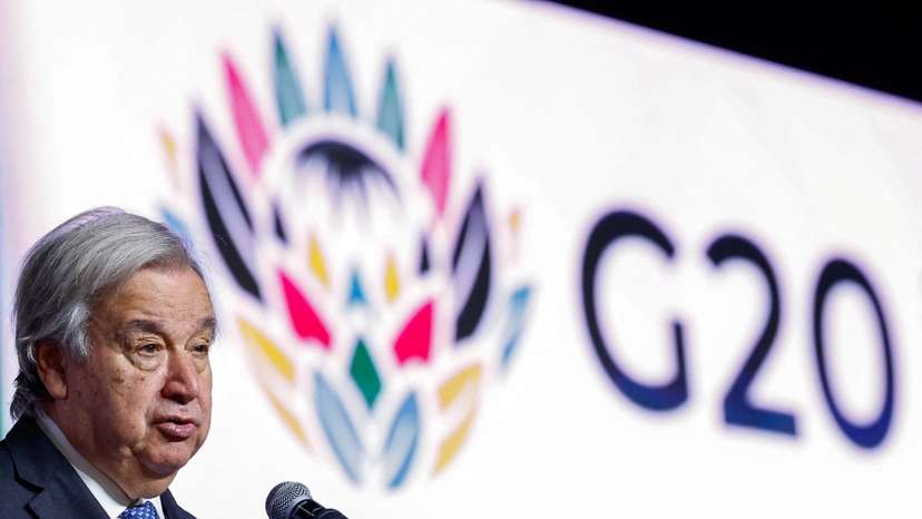 U.N. Secretary-General Guterres speaks at a media briefing ahead of G20 summit, in Johannesburg