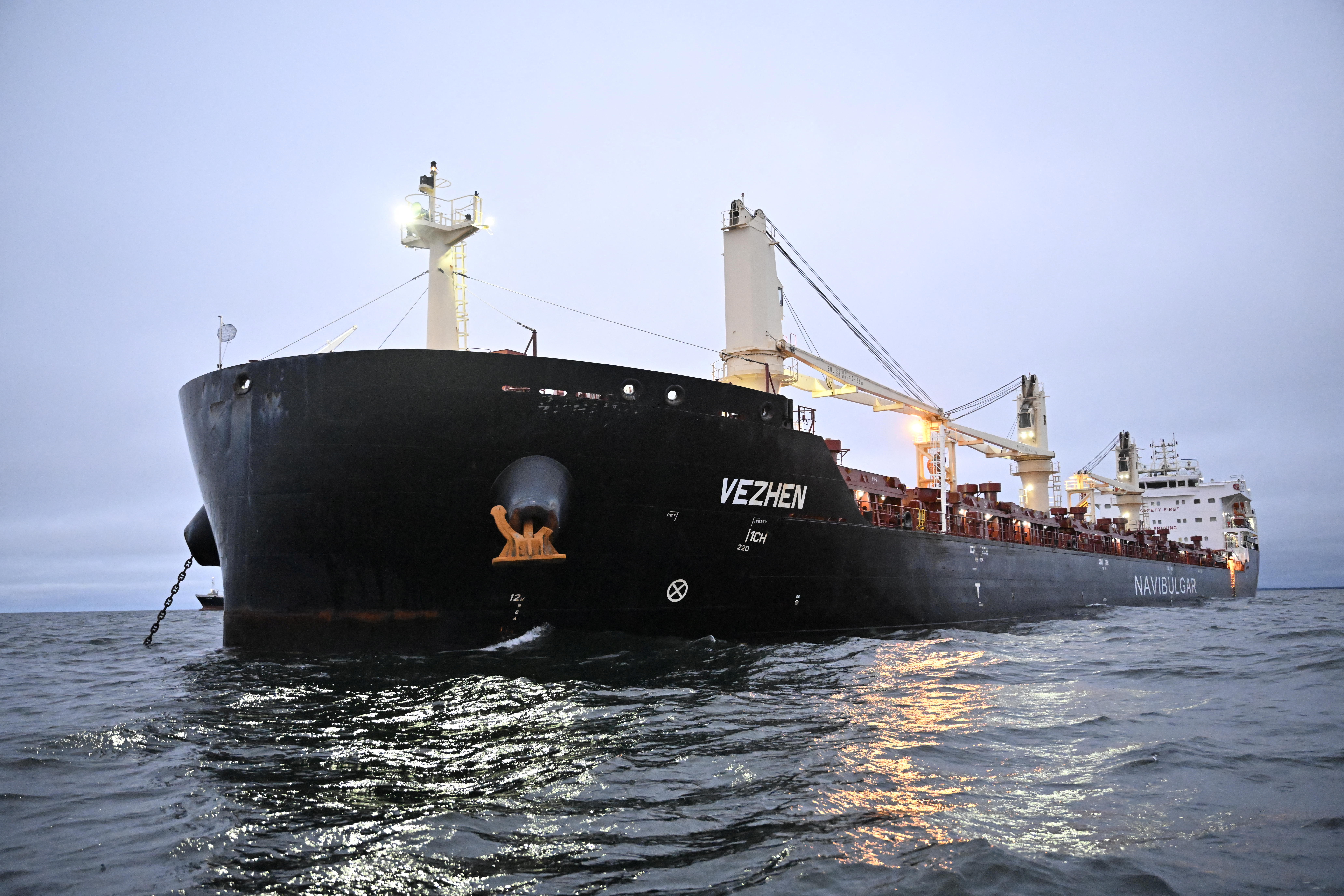 The cargo ship Vezhen is anchored for examination by Swedish authorities outside Karlskrona