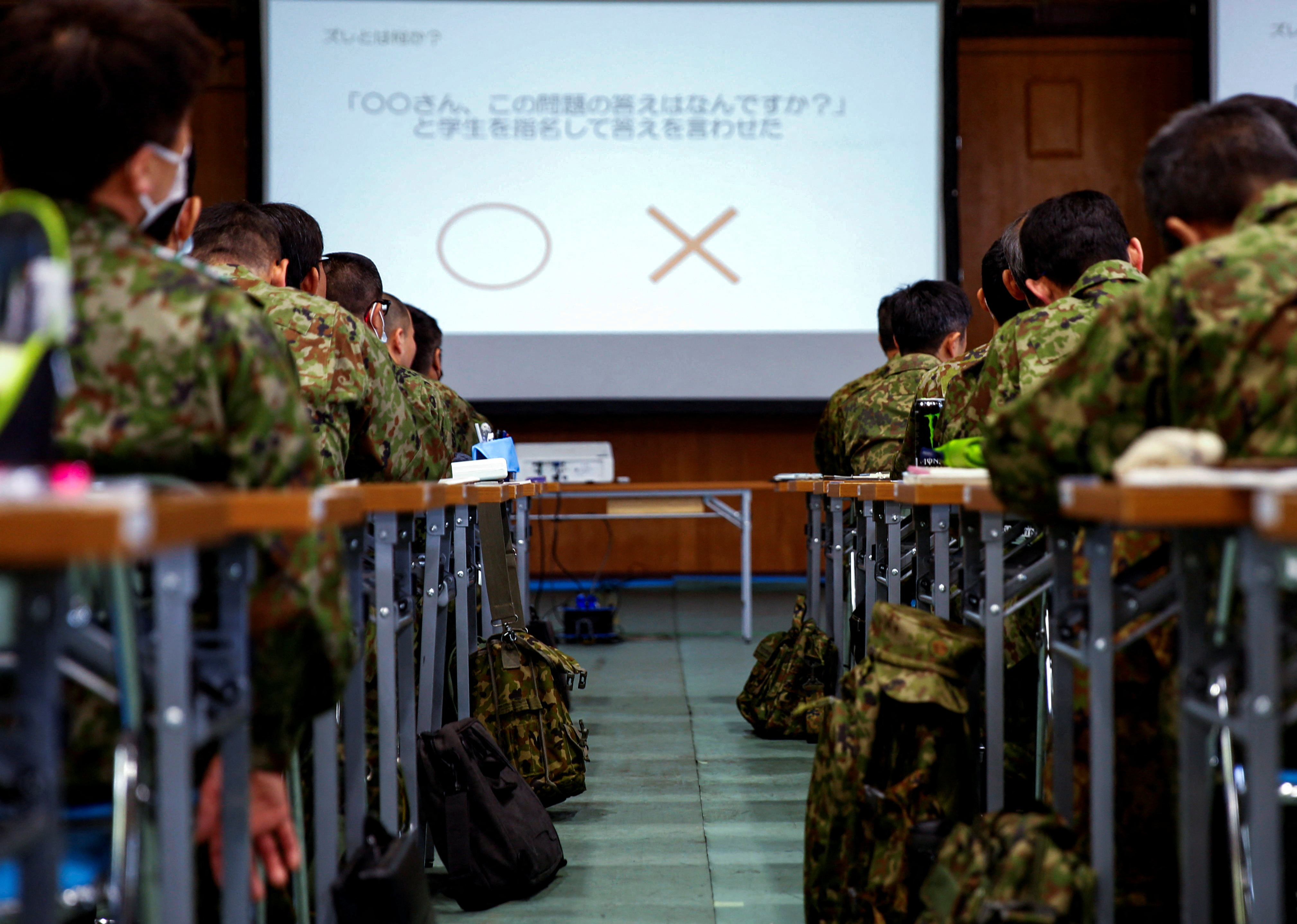 Japan Ground Self-Defence Force (JGSDF) soldiers participate in a seminar to prevent harassment at JGSDF Camp Asaka, in Tokyo