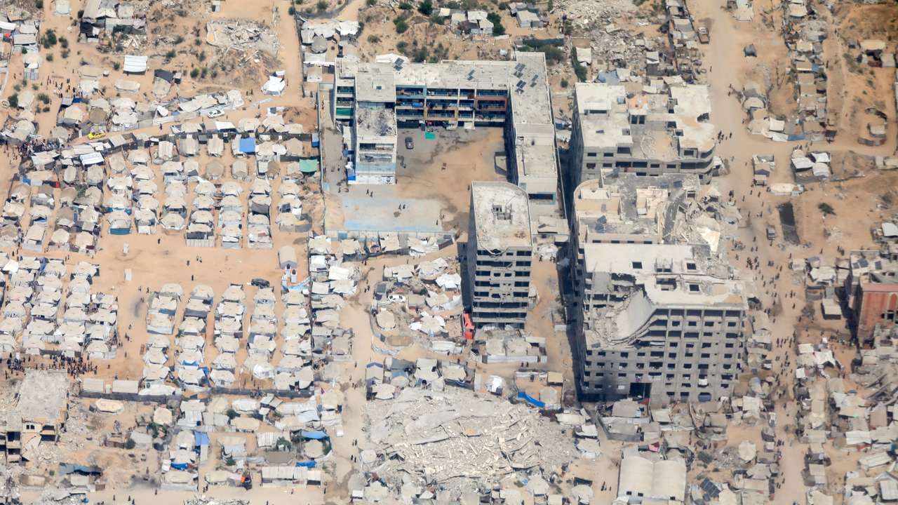 Aerial view from a Jordanian military aircraft shows the Gaza Strip, before humanitarian aid is airdropped over it, in Gaza