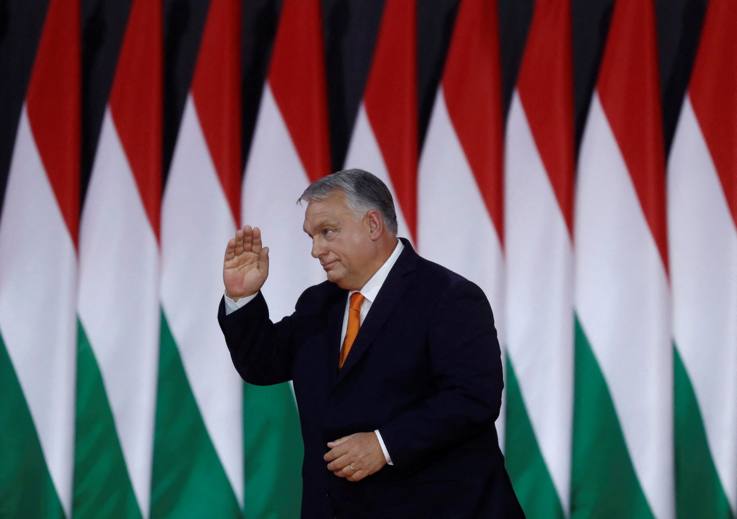 Hungarian Prime Minister Orban gestures during the Fidesz party congress in Budapest