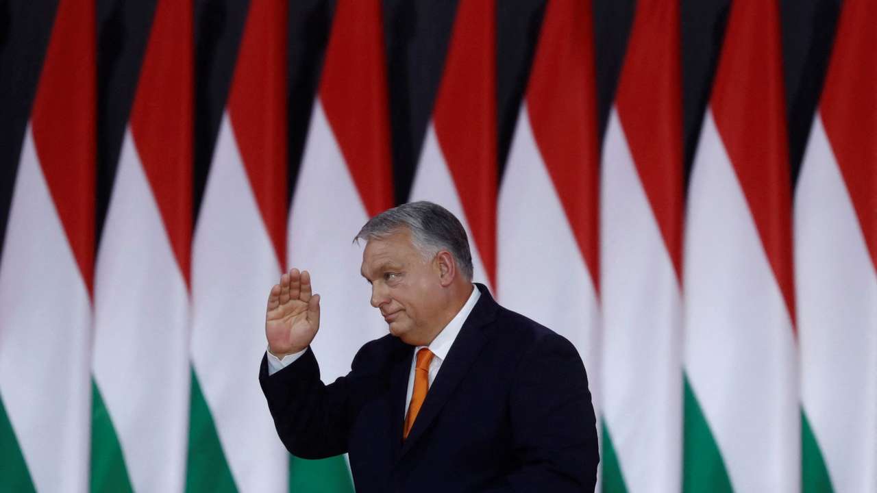 Hungarian Prime Minister Orban gestures during the Fidesz party congress in Budapest