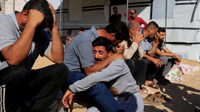 Funeral of Palestinians killed in Israeli strikes, at Nasser hospital, in Khan Younis, southern Gaza Strip