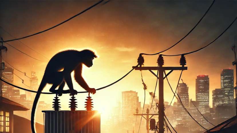 A realistic digital illustration of a monkey in silhouette perched on a power transformer at dusk, causing a power outage in a Sri Lankan city. The ba