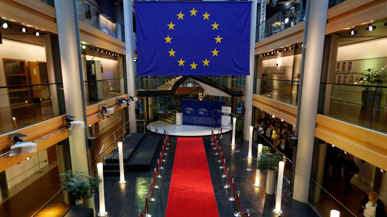 The protocol entrance of the European Parliament is seen at the European Parliament in Strasbourg