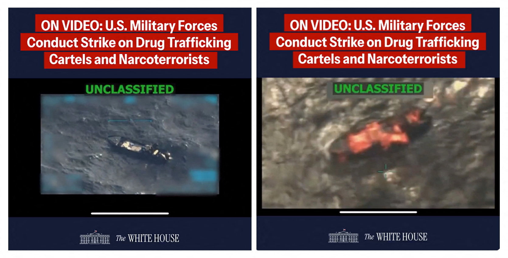 A combination image shows two screen captures from a video posted on the X account of The White House depicting what U.S. President Trump said was a U.S. military strike on a Venezuelan drug cartel vessel