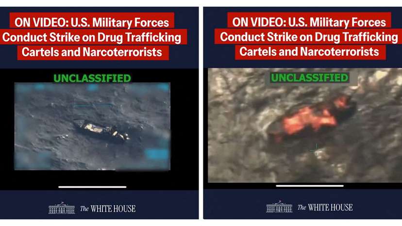A combination image shows two screen captures from a video posted on the X account of The White House depicting what U.S. President Trump said was a U.S. military strike on a Venezuelan drug cartel vessel