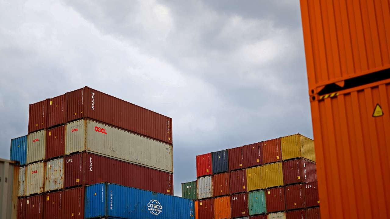 Containers wait for shipment at a terminal south of Berlin
