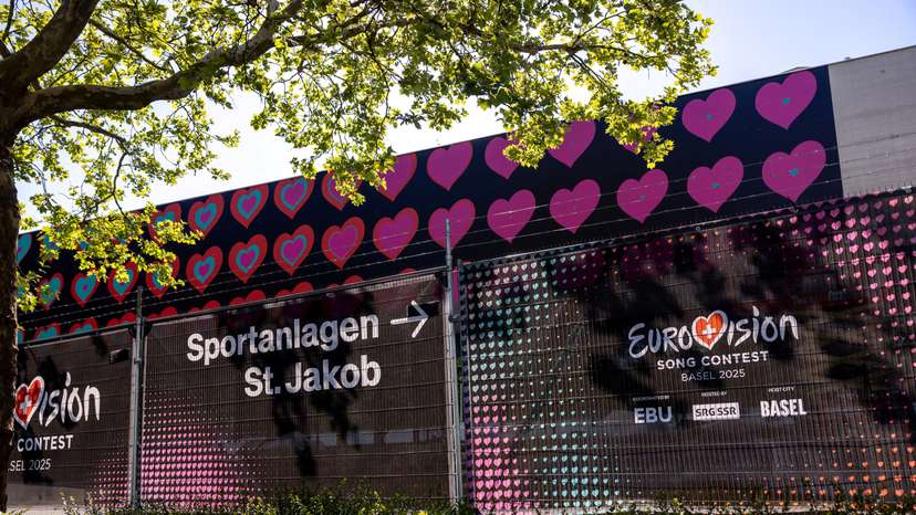 FILE PHOTO: Logos of the Eurovision Song Contest are seen in front of the St. Jakobshalle in Basel