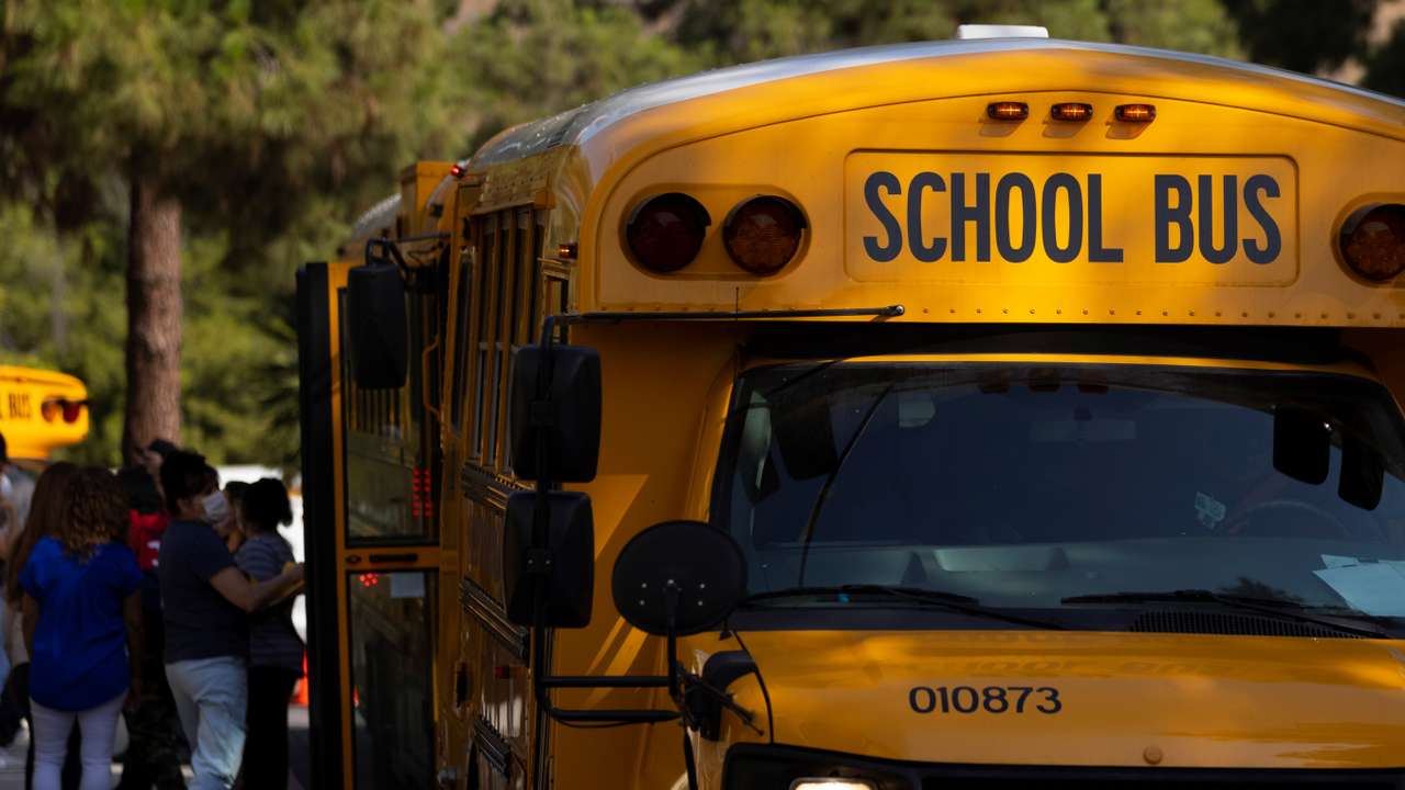 School buses seen in California, U.S., August 30, 2021