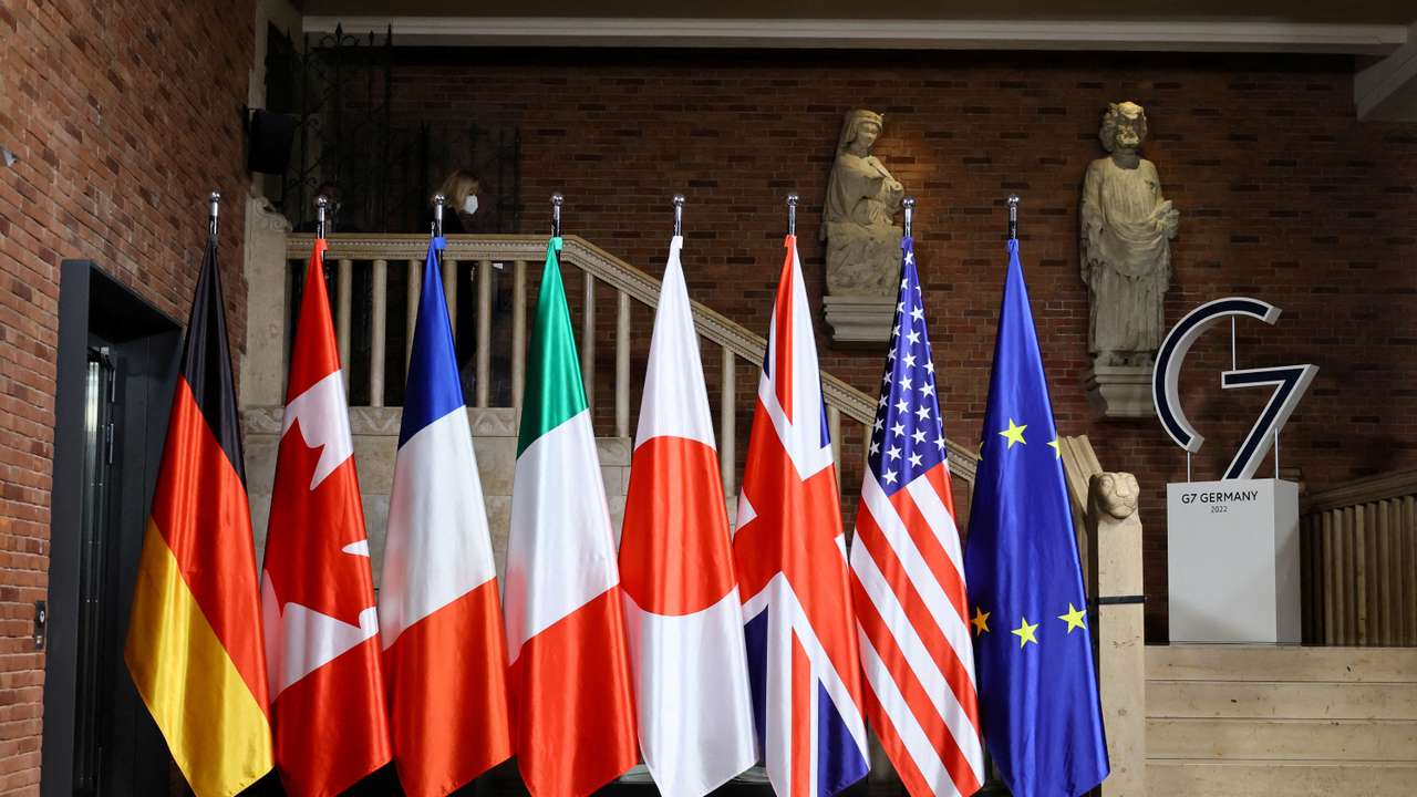 FILE PHOTO: FILE PHOTO: Flags pictured during the working session of the G7 foreign ministers