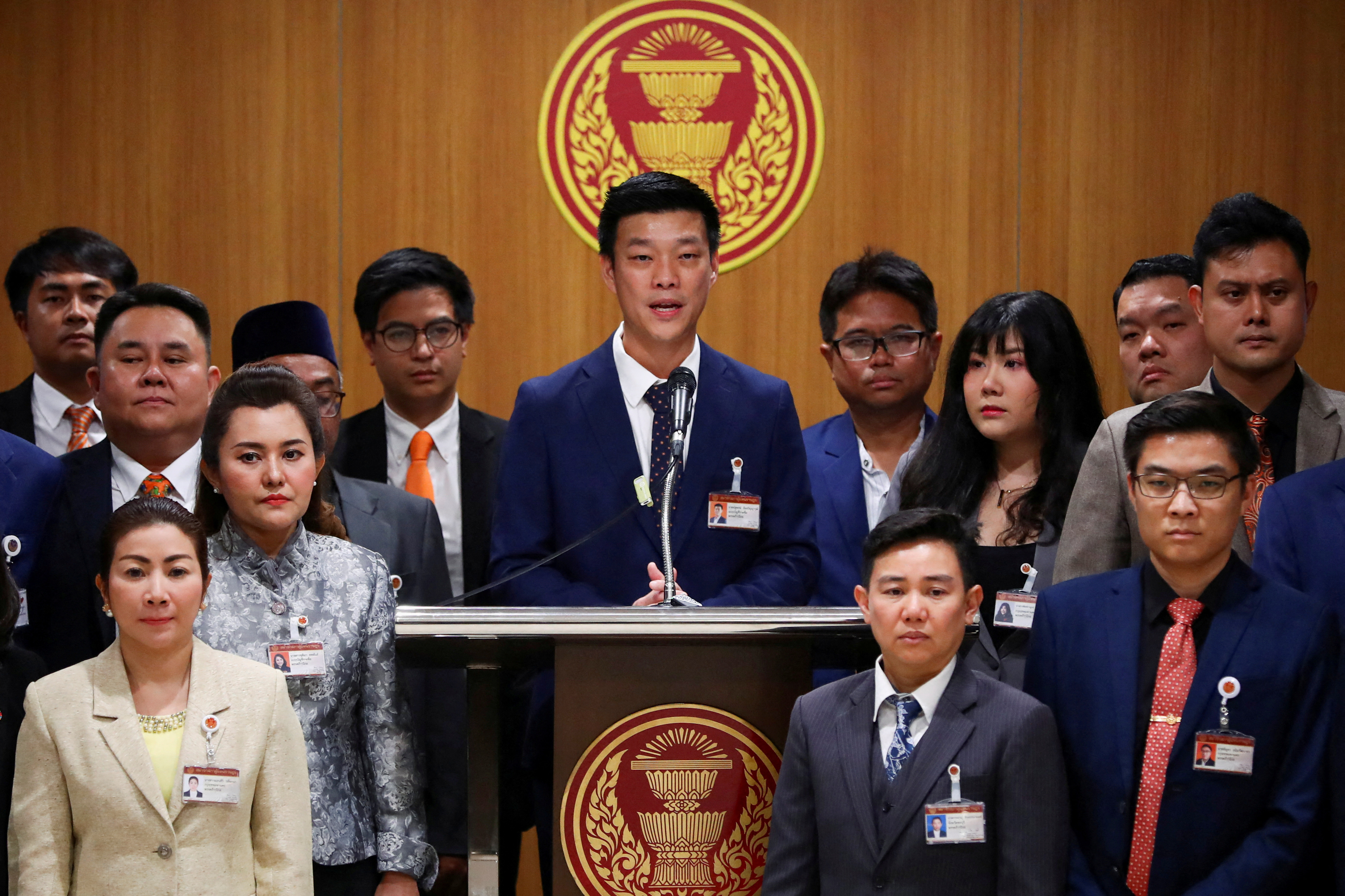 FILE PHOTO: People's Party leader Natthaphong Ruengpanyawut speaks during a press conference at the parliament house ahead of a pivotal parliamentary vote on a new PM, in Bangkok