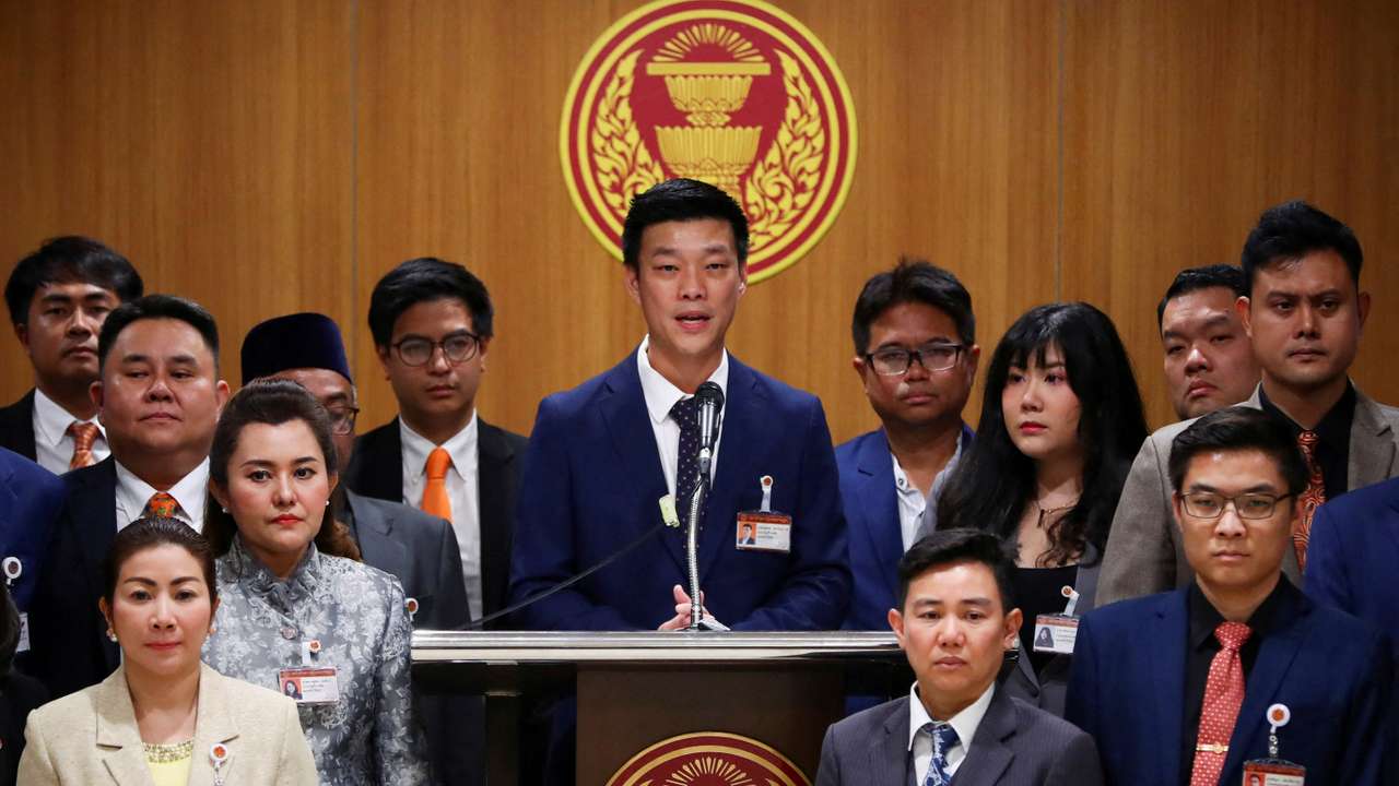 FILE PHOTO: People's Party leader Natthaphong Ruengpanyawut speaks during a press conference at the parliament house ahead of a pivotal parliamentary vote on a new PM, in Bangkok