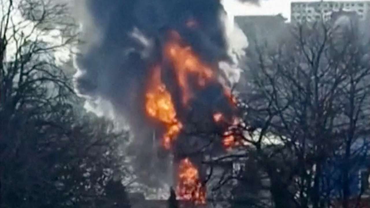 Flames and thick smoke rise from Tuapse oil refinery