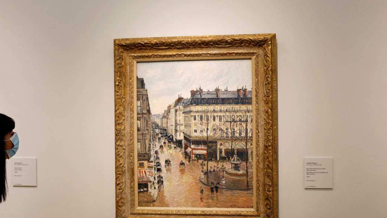 FILE PHOTO: Camille Pissarro's "Rue Saint-Honore in the Afternoon. Effect of Rain, 1897" is displayed at Thyssen-Bornemisza museum in Madrid