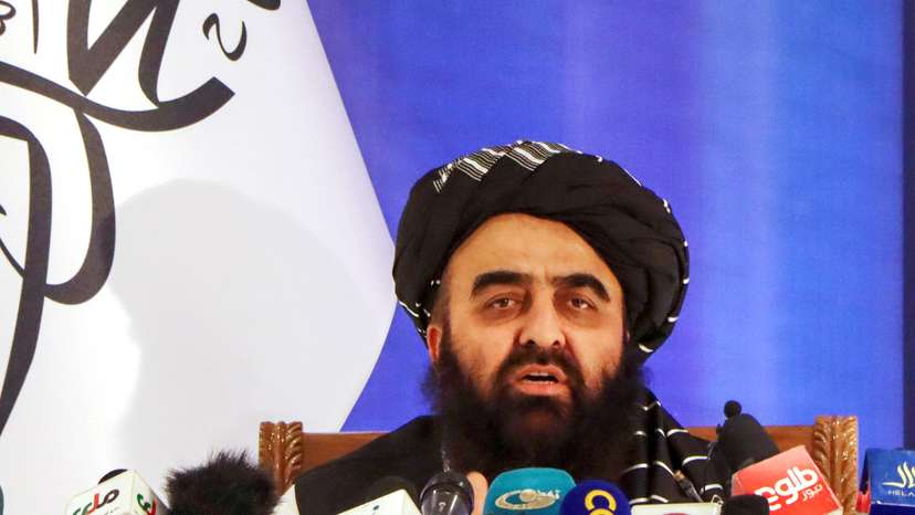 Taliban acting Foreign Minister Amir Khan Muttaqi speaks during a news conference in Kabul