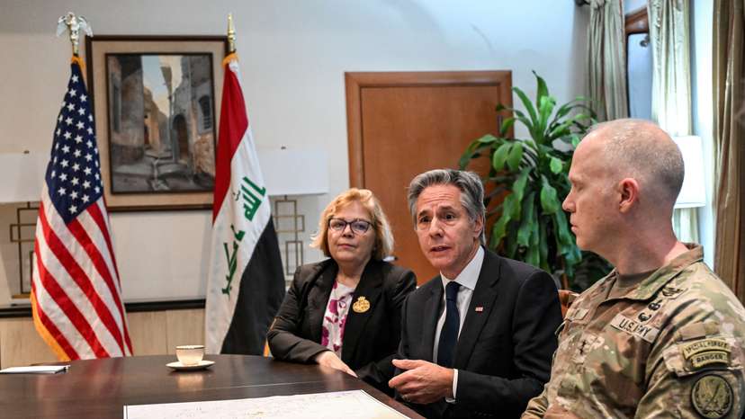 US Secretary of State Antony Blinken attends a briefing, in Baghdad