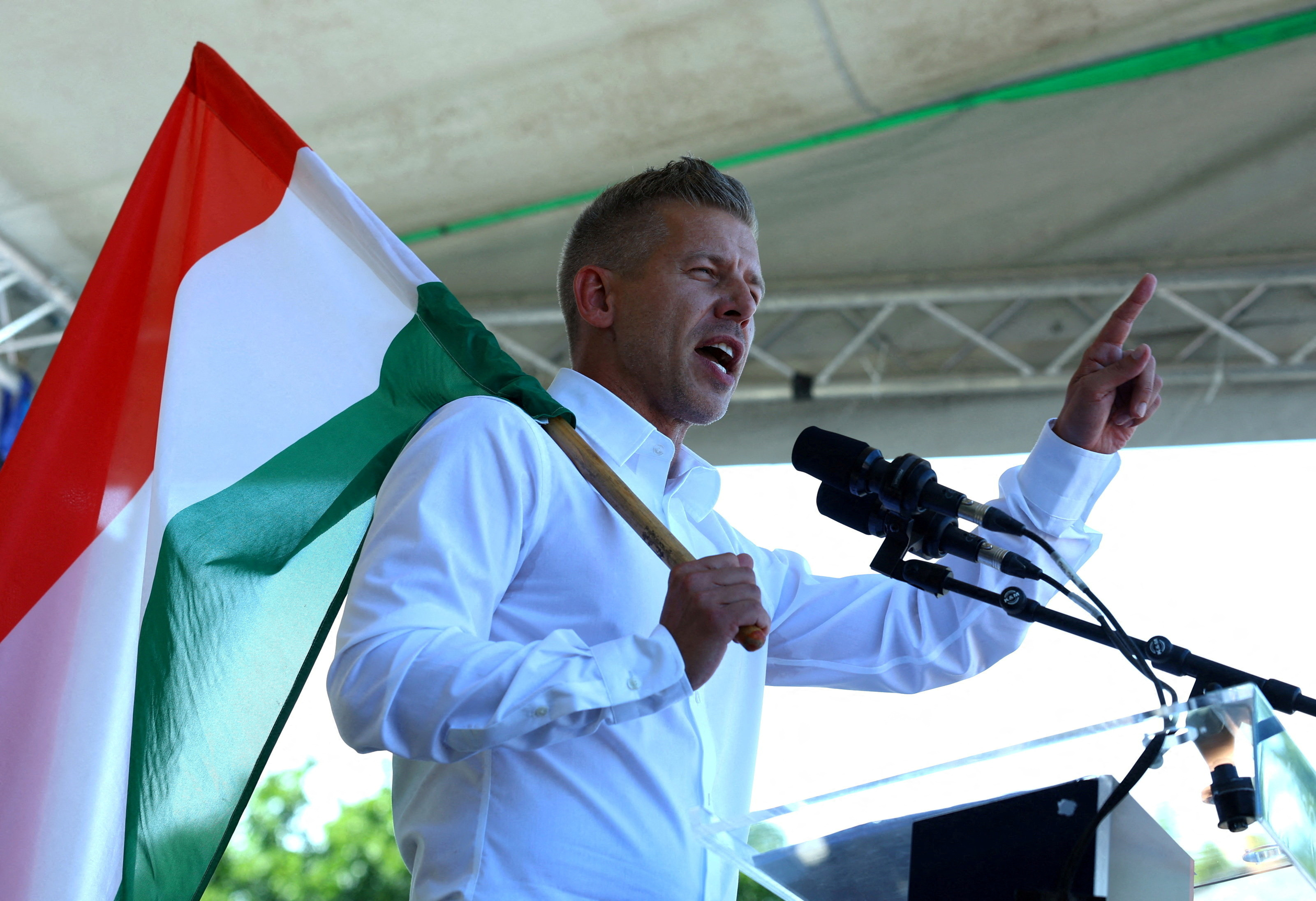 FILE PHOTO: Magyar, leader of the opposition Tisza party holds a rally in Kotcse
