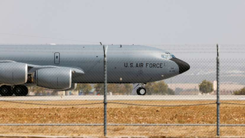 FILE PHOTO: A US Airforce Boeing KC-135 Stratotanker taxies at the Moron Air Base in Moron de la Frontera, southern Spain