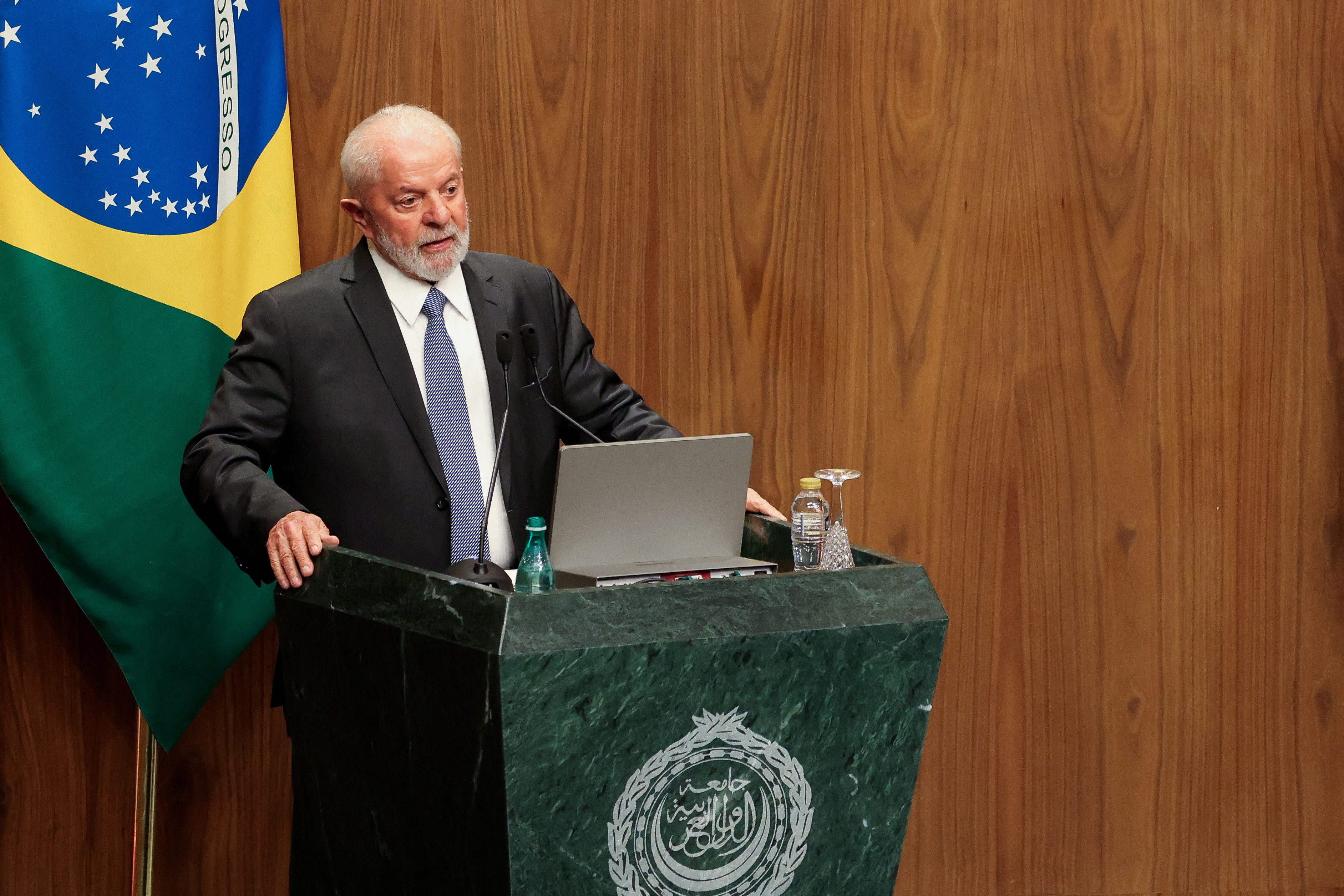 FILE PHOTO: Brazil's President Luiz Inacio Lula da Silva gives a speech during his visit to the Arab League headquarters, in Cairo