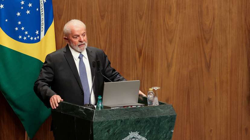 FILE PHOTO: Brazil's President Luiz Inacio Lula da Silva gives a speech during his visit to the Arab League headquarters, in Cairo