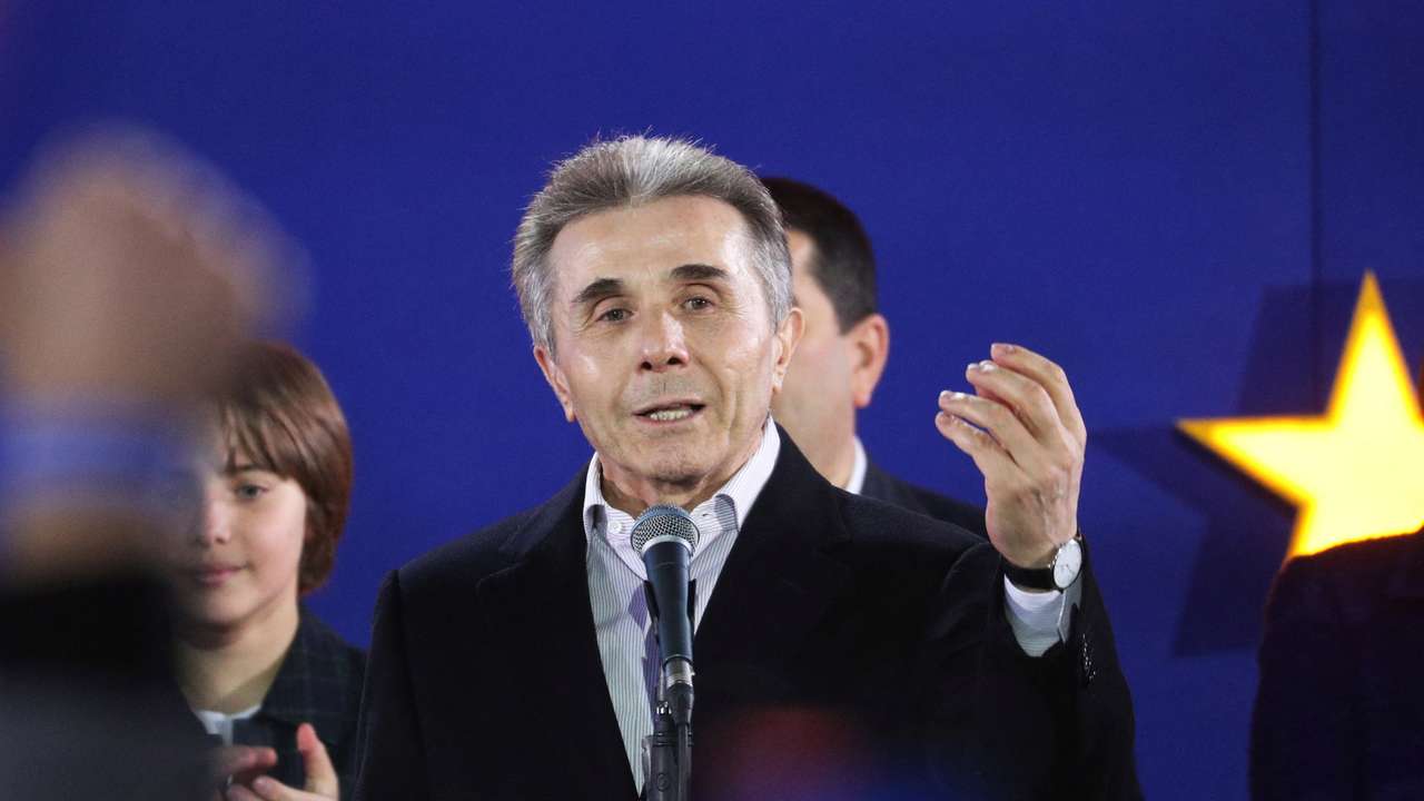 Founder of the Georgian Dream party Bidzina Ivanishvili speaks after the announcement of exit poll results in Tbilisi
