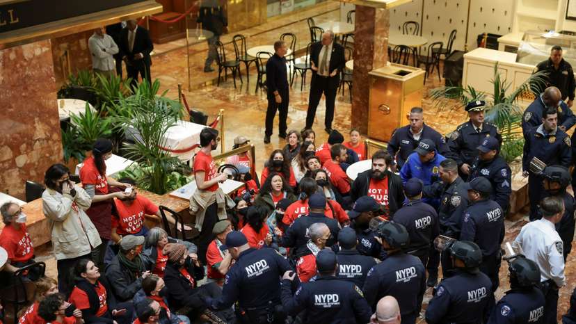 People protest against the ICE detention of Palestinian activist and Columbia University graduate student Mahmoud Khalil, at Trump Tower in New York City