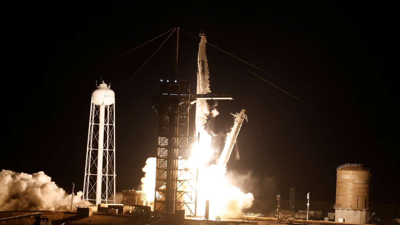 A SpaceX Falcon 9 rocket lifts off with Polaris Dawn, a private human spaceflight mission, in Cape Canaveral