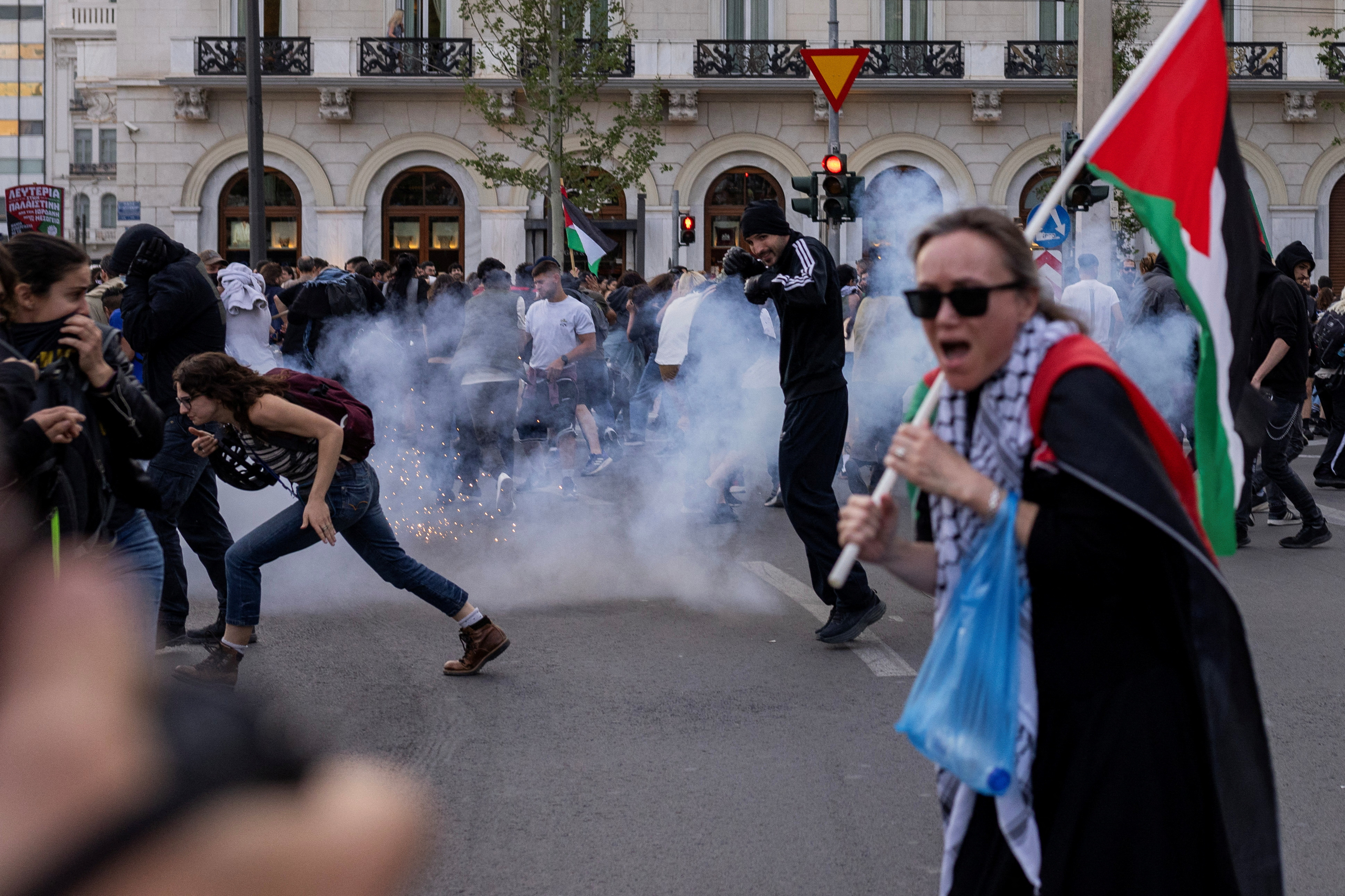 Palestinians and pro-Palestinian protesters demonstrate in central Athens