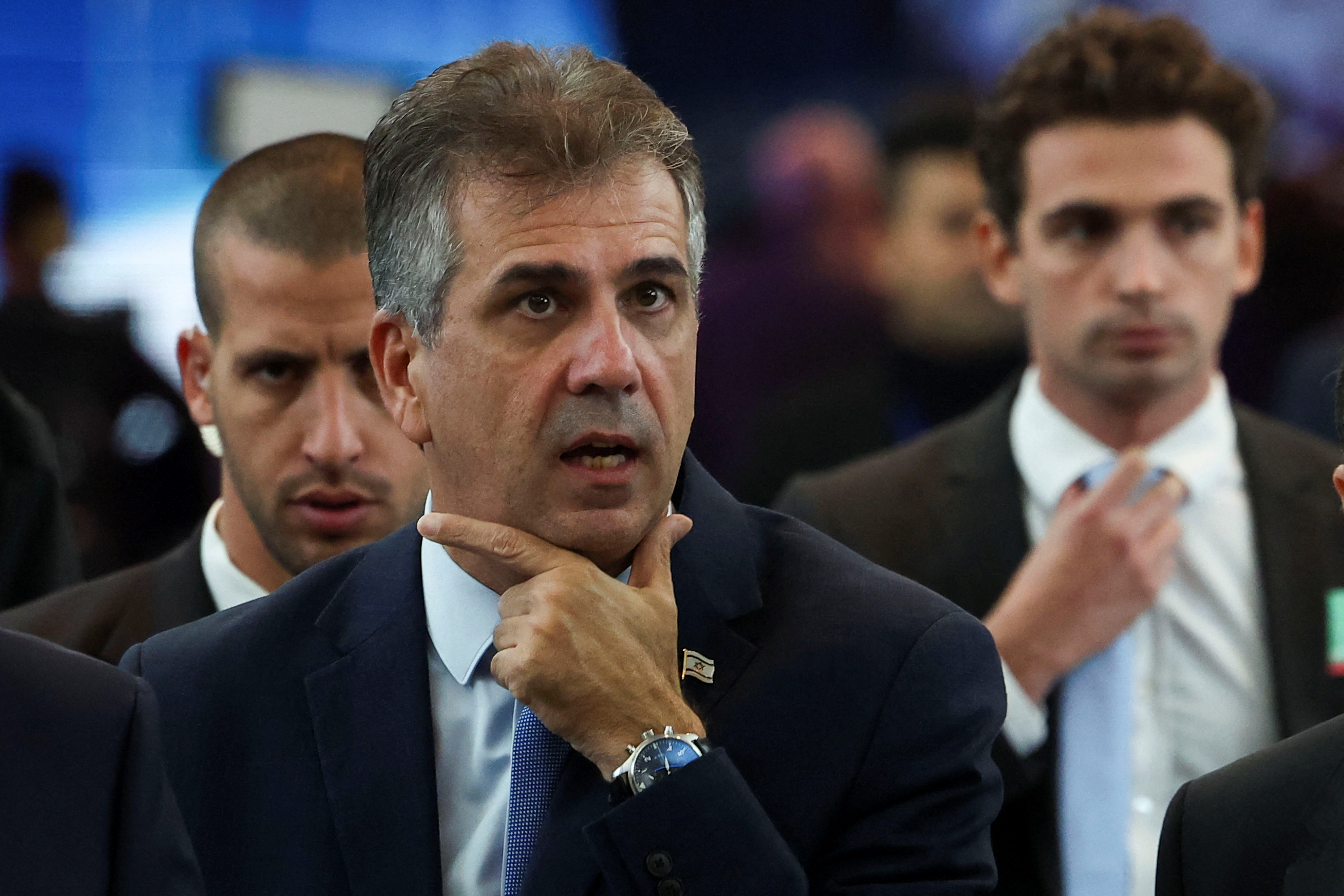 Israeli Foreign Minister Eli Cohen walks on the day of his conference at the European Parliament in Brussels