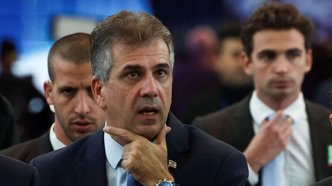 Israeli Foreign Minister Eli Cohen walks on the day of his conference at the European Parliament in Brussels