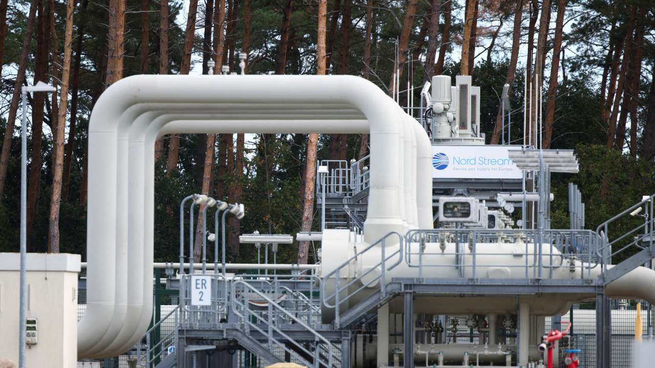 View towards Nord Stream 1 Baltic Sea pipeline and the transfer station of the Baltic Sea Pipeline Link in the industrial area of Lubmin