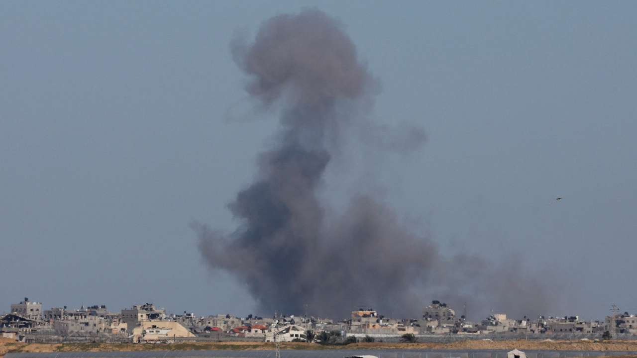Smoke rises during an Israeli ground operation in Khan Younis, as seen from Rafah