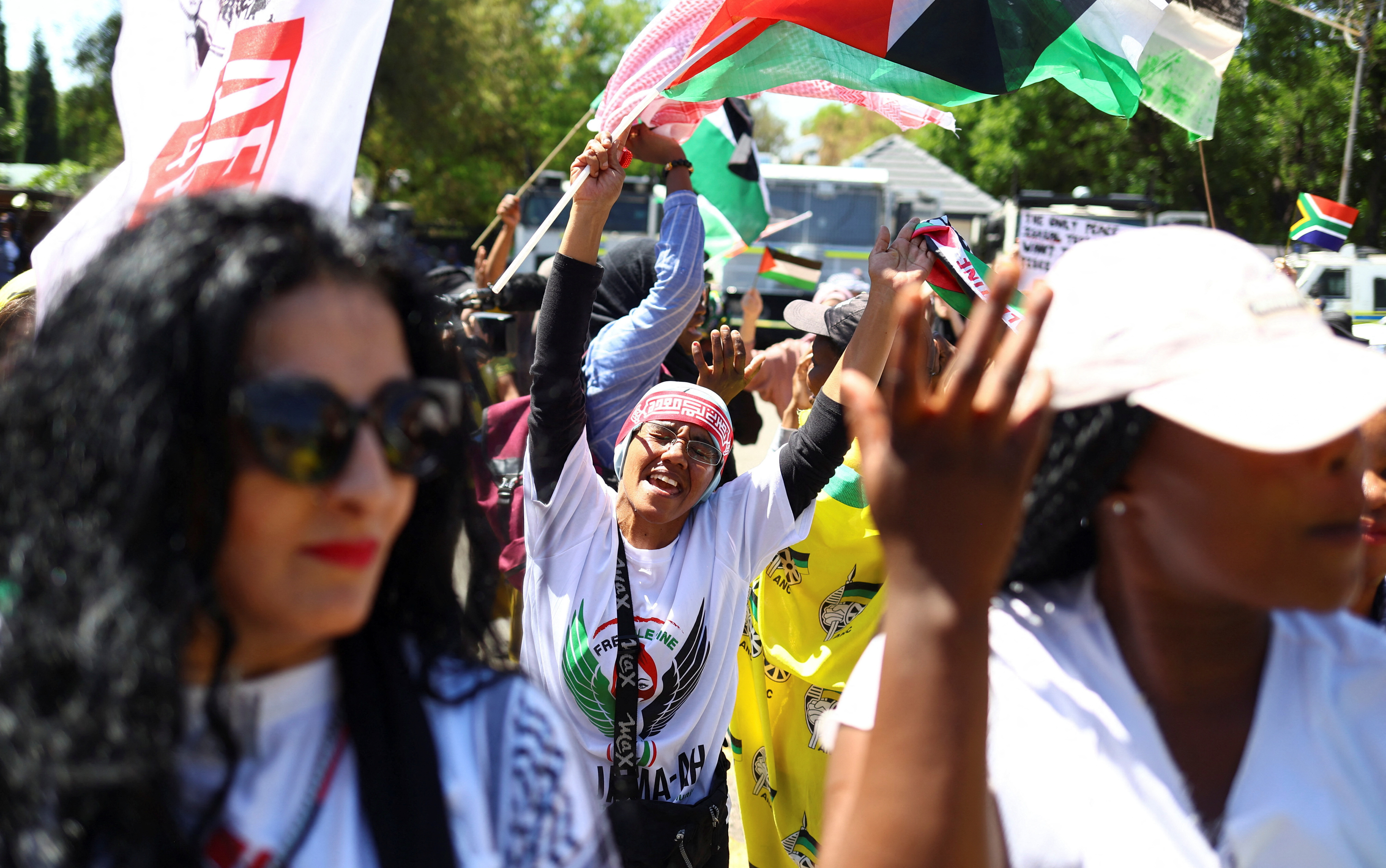 Demonstrators gather outside the Israeli embassy in Pretoria