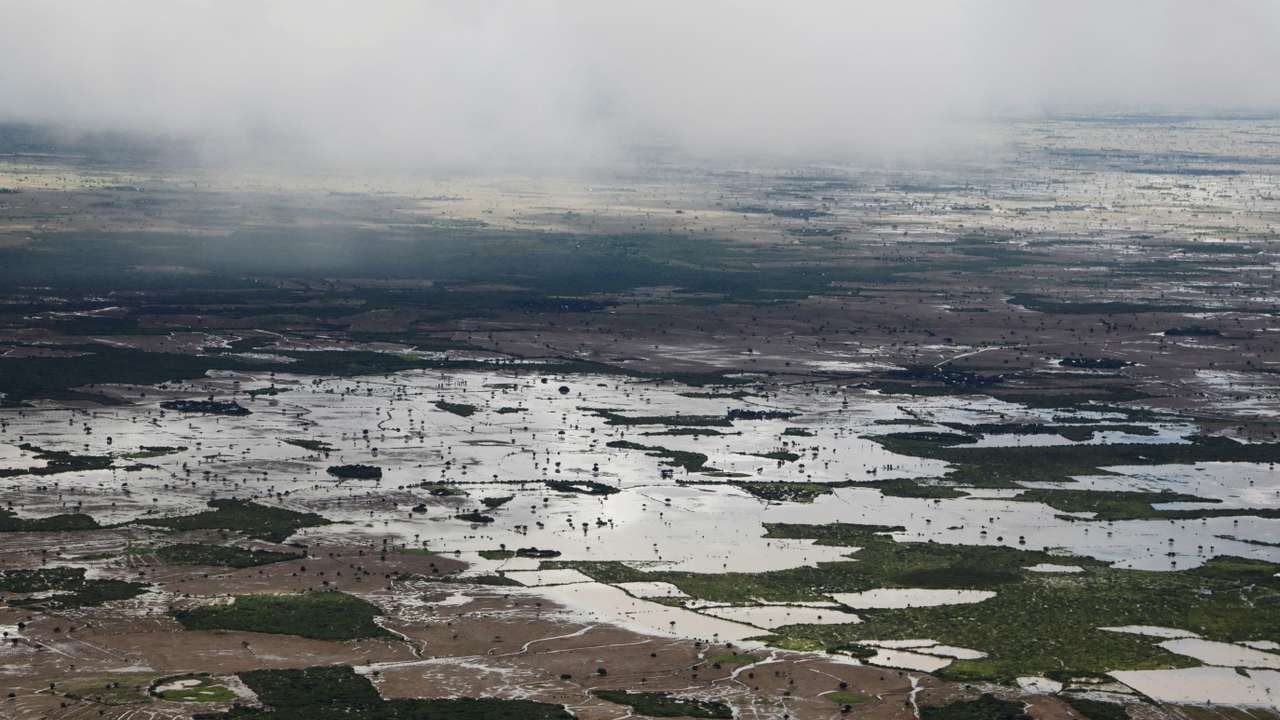 FILE PHOTO: Aerial view shows flooded fields following heavy rains in Baidoa