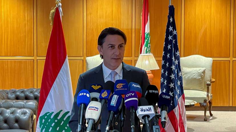 Senior White House adviser Amos Hochstein speaks at the end of his visit to Lebanon, in Beirut