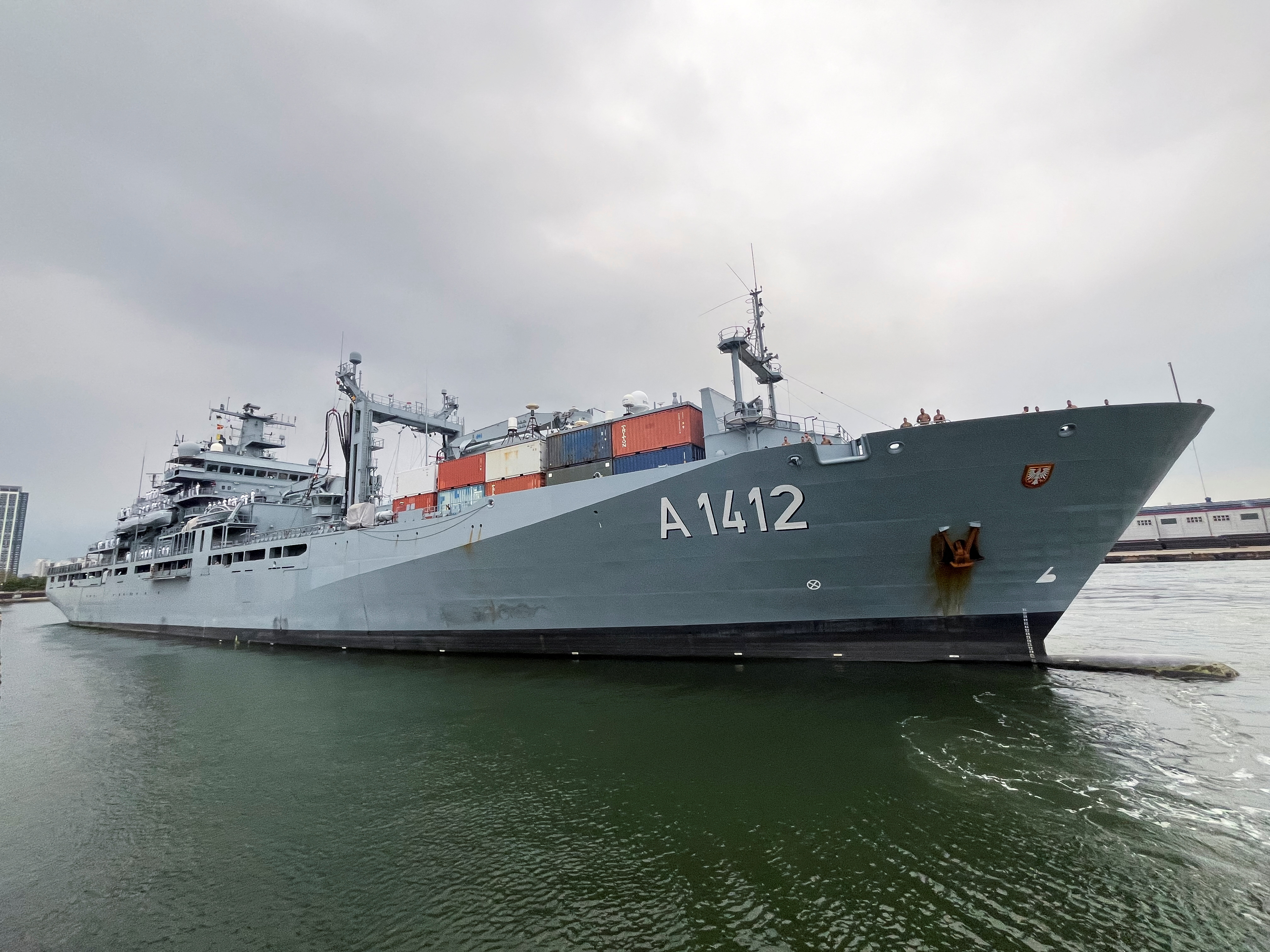 The German navy replenishment ship Frankfurt am Main enters port in Incheon, as part of a two-ship cruise through the Indo-Pacific