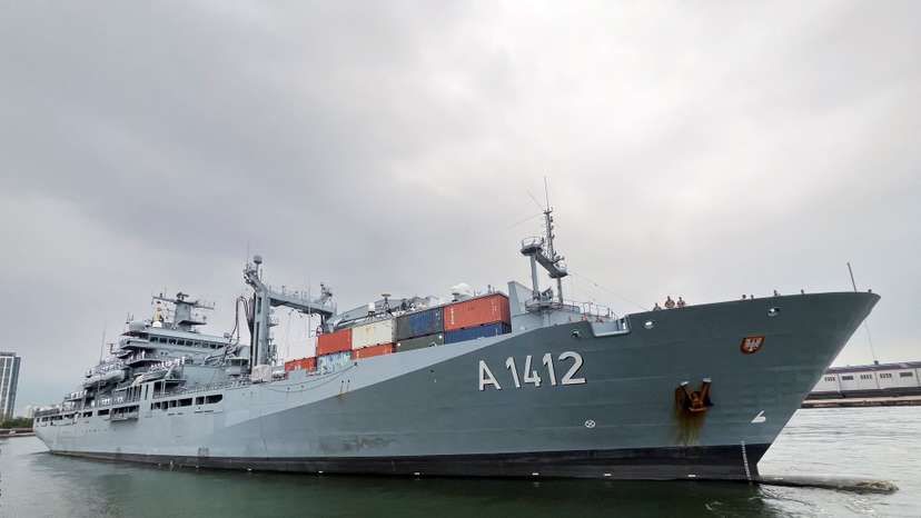 The German navy replenishment ship Frankfurt am Main enters port in Incheon, as part of a two-ship cruise through the Indo-Pacific
