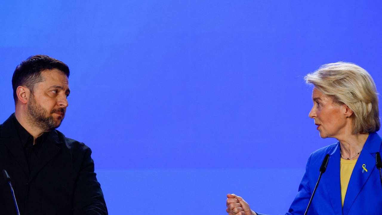 FILE PHOTO: Ukraine's Zelenskiy, and EU's von der Leyen and Costa attend press conference on fourth anniversary of Russia's full-scale invasion, in Kyiv