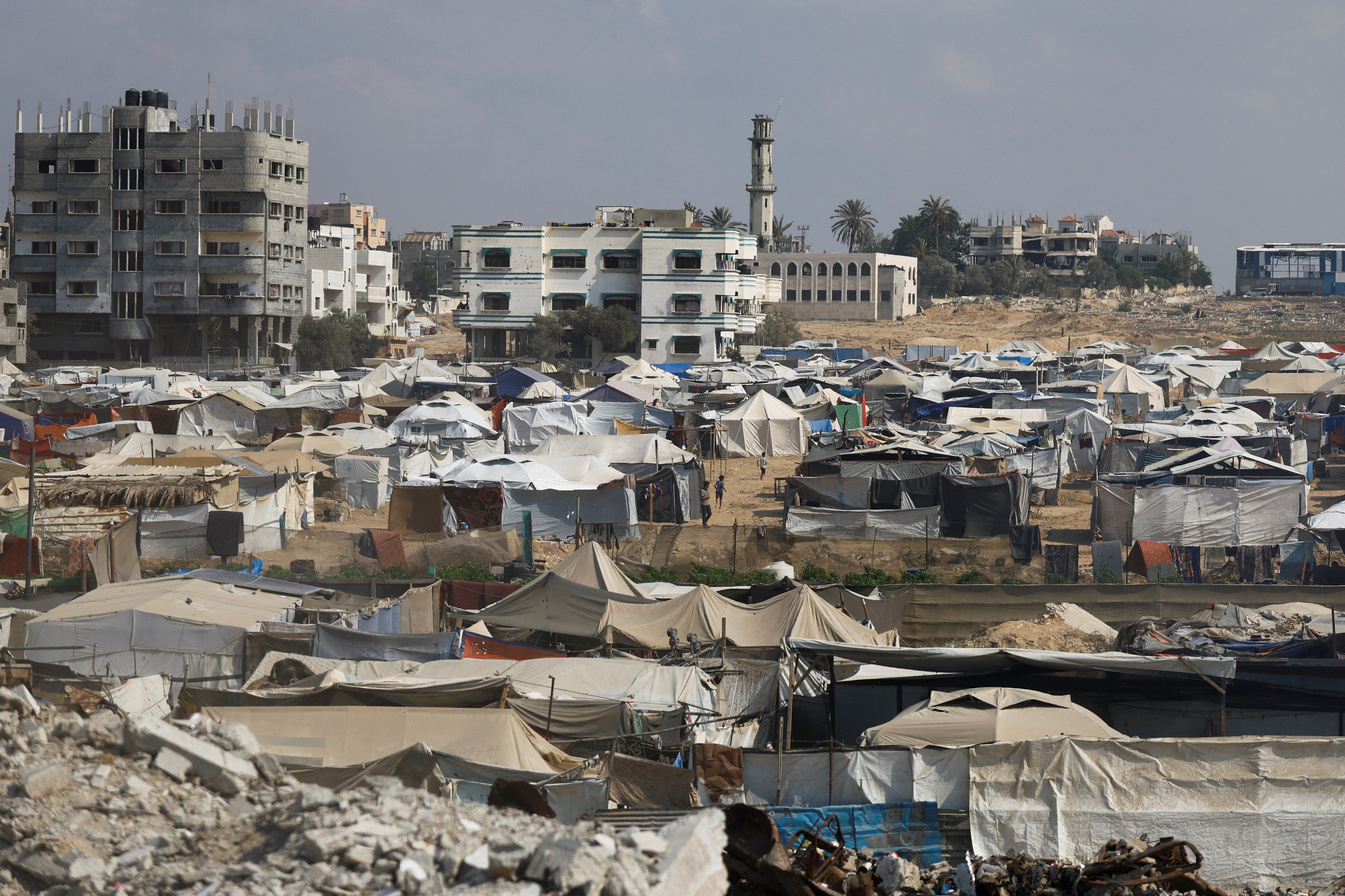 A view of a tent camp where Palestinians displaced by the Israeli military offensive, take shelter, in Nuseirat