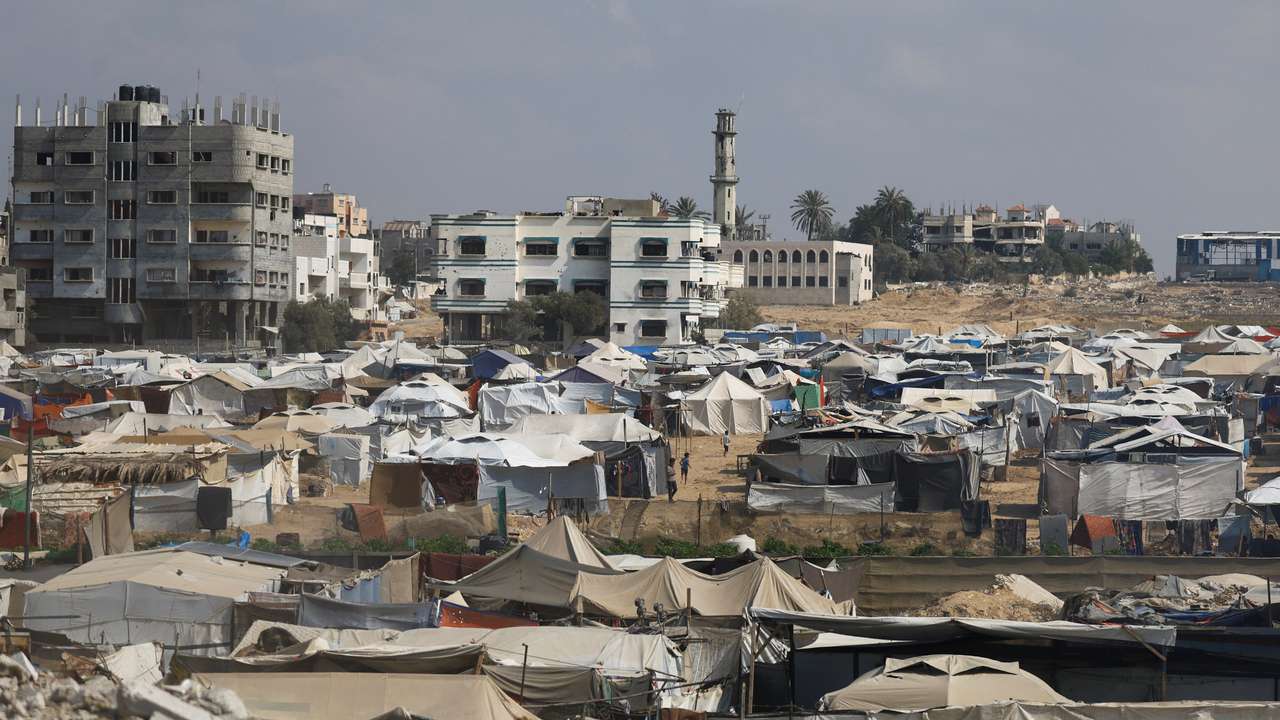 A view of a tent camp where Palestinians displaced by the Israeli military offensive, take shelter, in Nuseirat