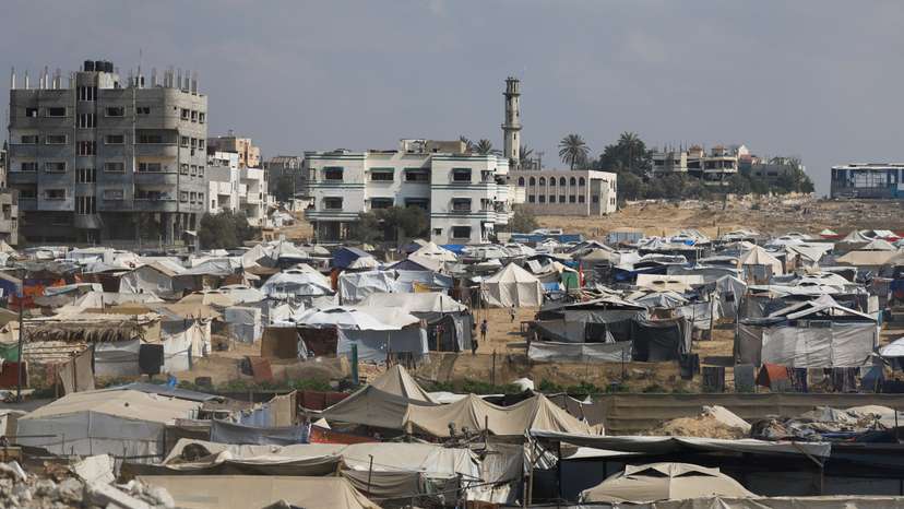 A view of a tent camp where Palestinians displaced by the Israeli military offensive, take shelter, in Nuseirat