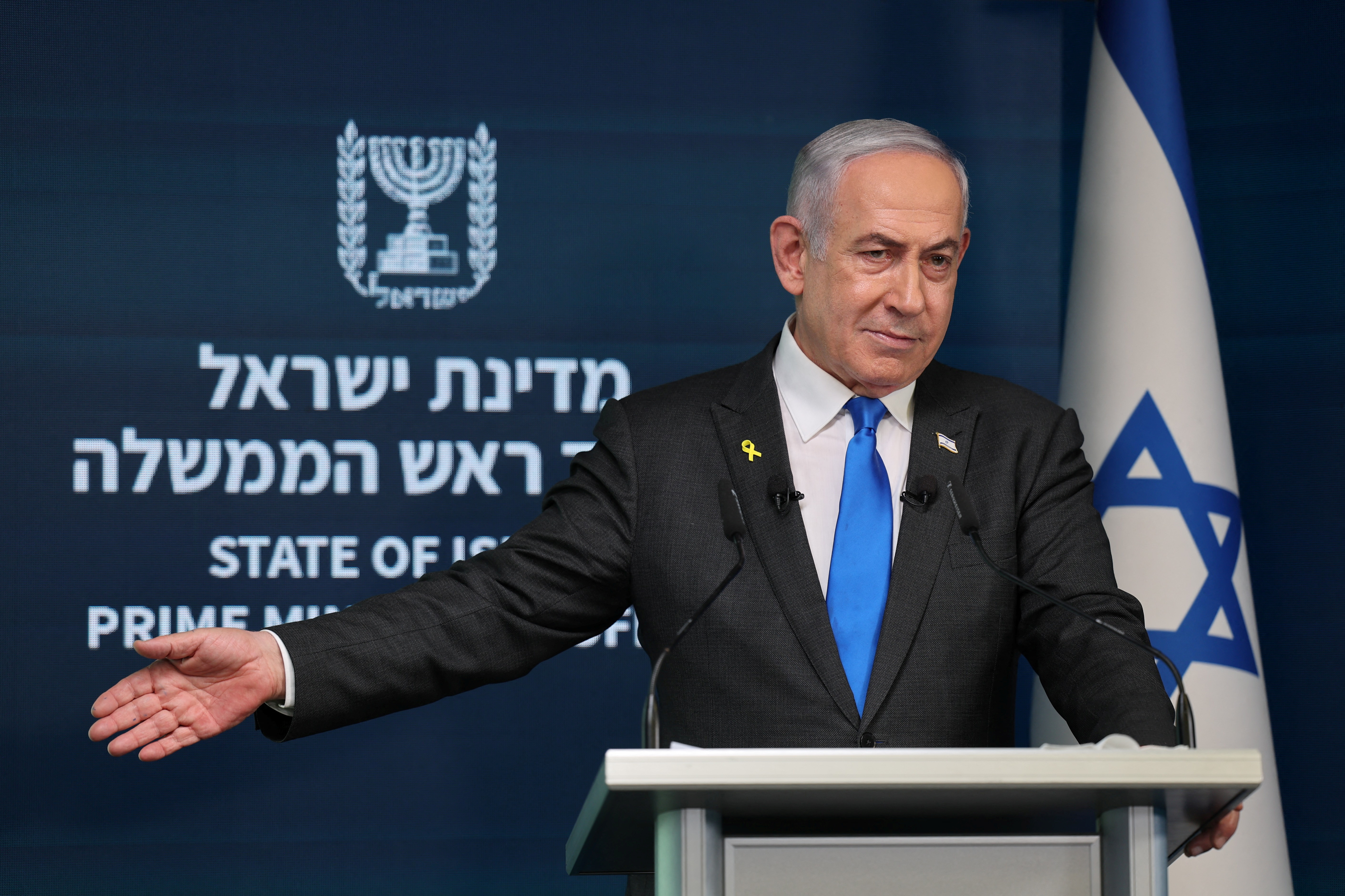 Israeli Prime Minister Benjamin Netanyahu attends press conference for international media in Jerusalem