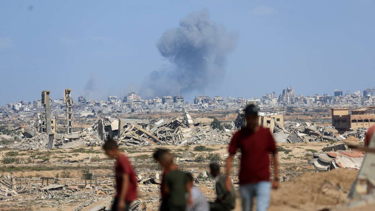 Smoke rises following explosions amid Israeli offensive in Gaza City, as seen from central Gaza Strip