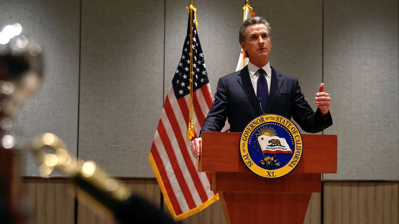 Governor of U.S. state of California Gavin Newsom speaks at a press conference in Beijing