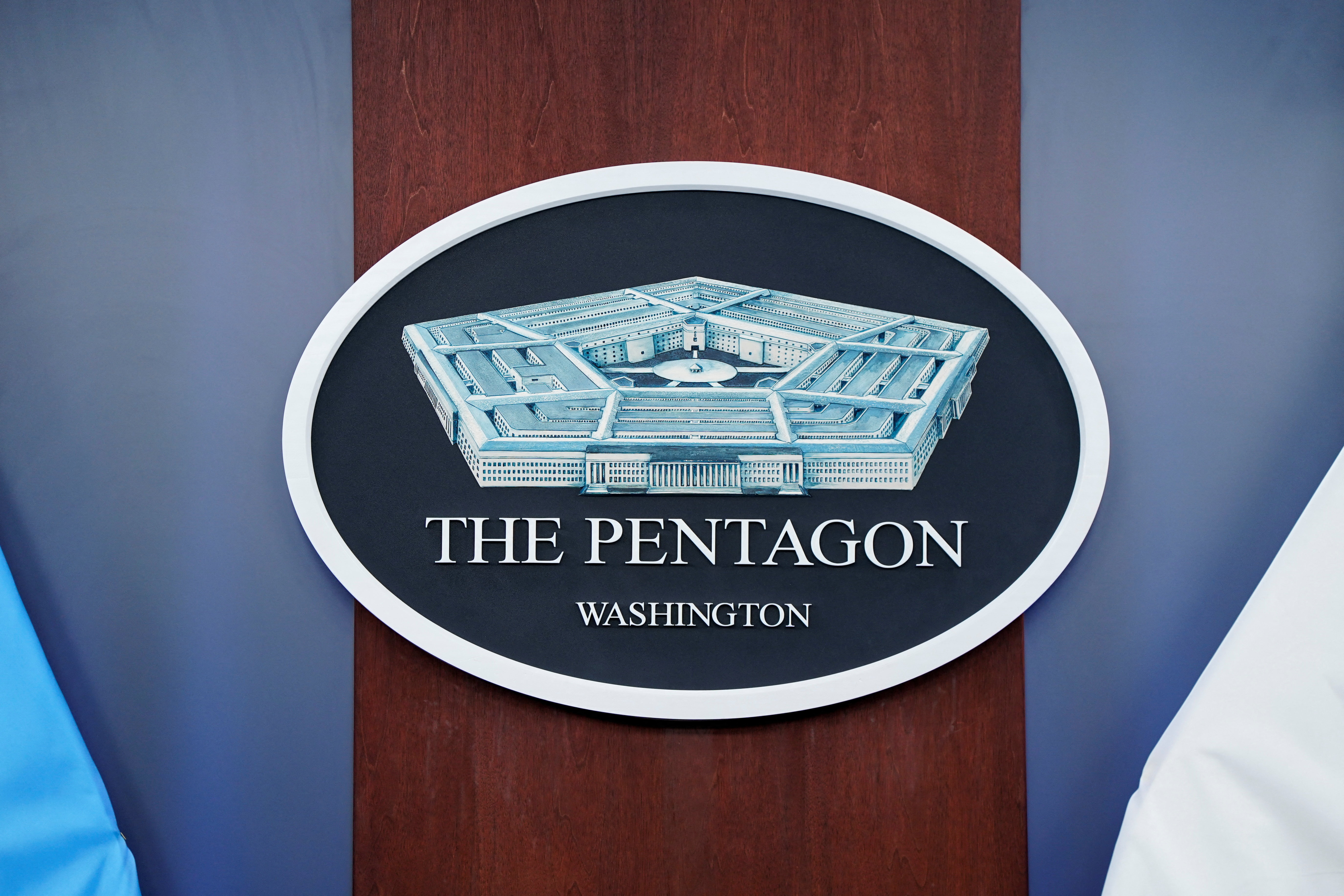 The Pentagon logo in the briefing room at the Pentagon in Washington, D.C.